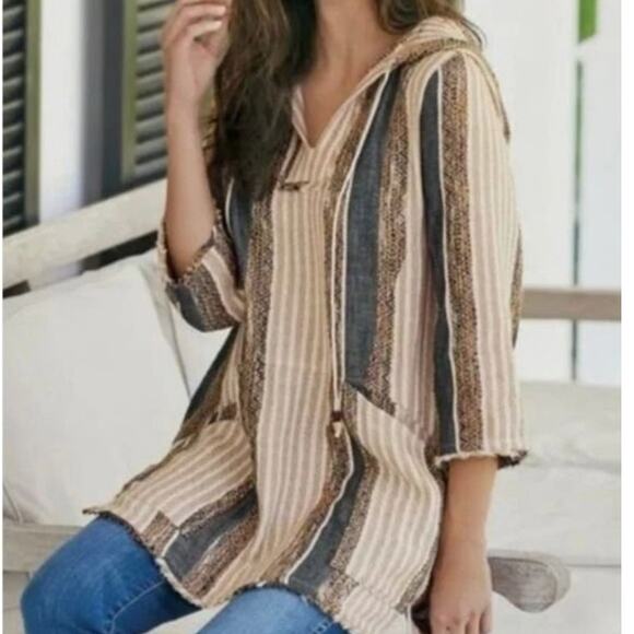 Soft Surroundings Size M Tunic Pullover Hoodie Striped Earthy Granola Beach Boho - Picture 16 of 16